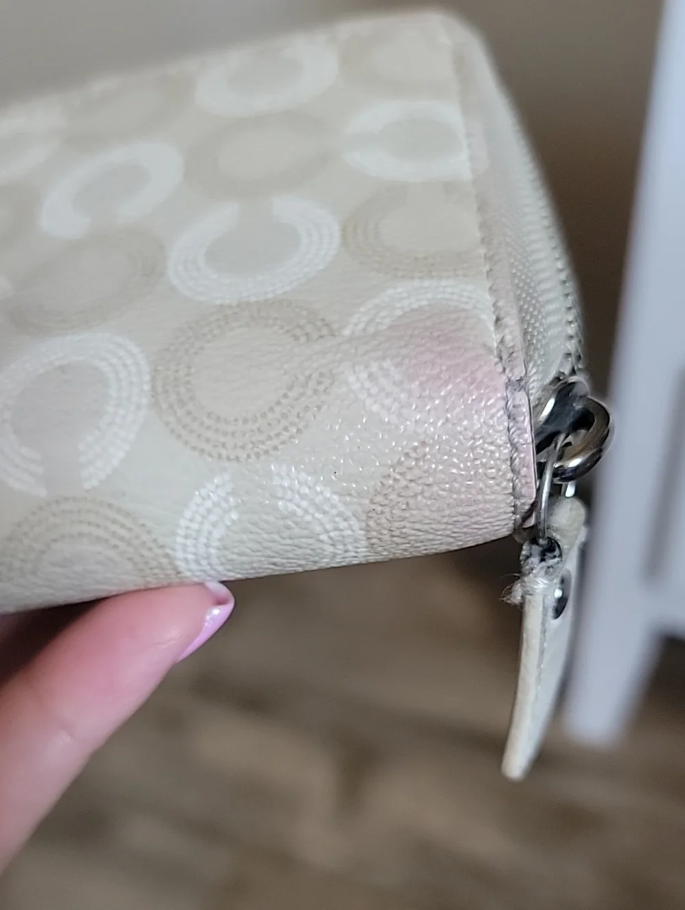 Coach Beige OP Art Signature Zip Wallet with Cream Center Stripe